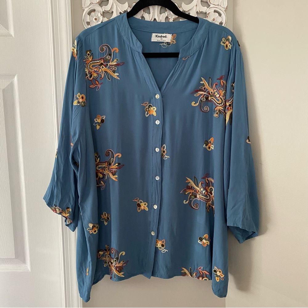 Anthropologie Blue Floral Button-Front Blouse